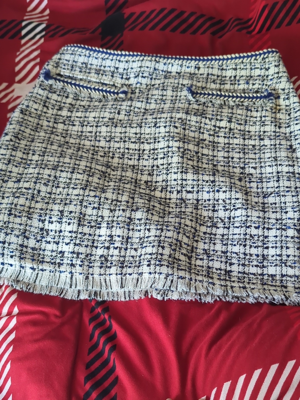 H&M White and Navy Tweed Fringe Mini Skirt
